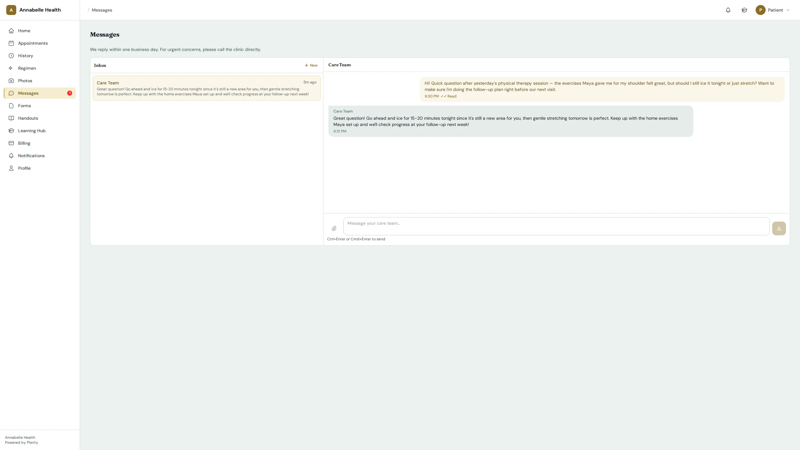 Annabelle Health patient messaging inbox